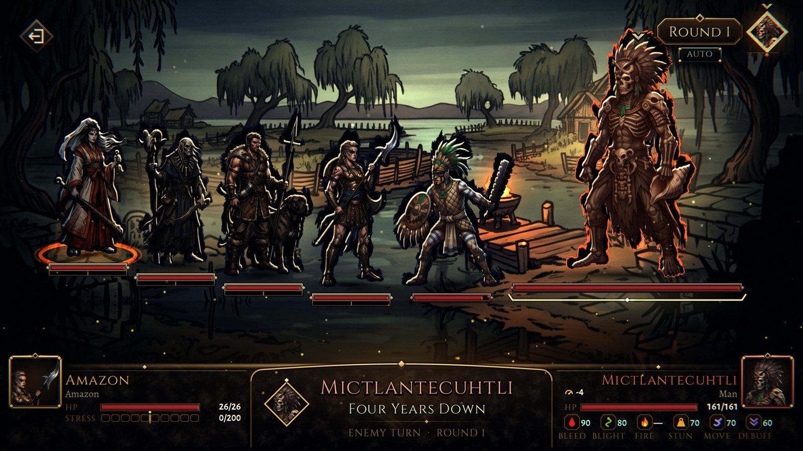 Four warriors in battle against a god and its retinue